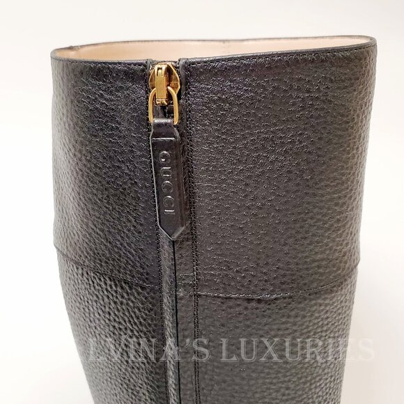 GUCCI BOOTS BLACK LEATHER TALL INTERLOCKING G LOGO sz IT 40.5 US 10.5 - Picture 10 of 16